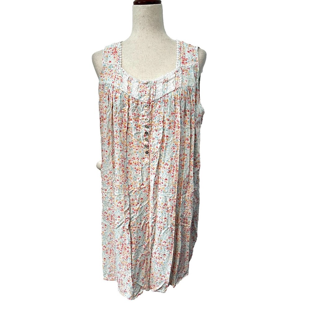 EILEEN WEST Nightgown Women's XL Floral Lace Buttons Colorful Short Sleeveless